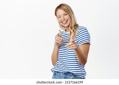 Congrats, You Got This, Nice Job. Smiling Happy Blond Woman Pointing Fingers At Camera, Choosing You, Congratulating Winner, Inviting People To Event, White Background