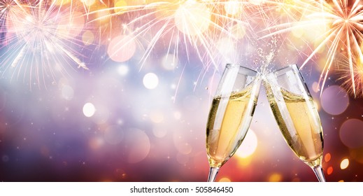 Congratulation With Champagne - Toast With Flutes And Fireworks