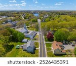 Congregational Church aerial view on Village Green in historic village of Slatersville, town of North Smithfield, Rhode Island RI, USA. 