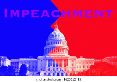 Congress building in Blue and Red, with word Impeachment in Purple