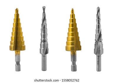 Conical Step Drill Bits Set Isolated On White Background. Silvery Steel Unibits With Spiral Or Straight Flutes For Drilling Different Hole Sizes. Golden Titanium Coating. Chip Machining Cutting Tools.