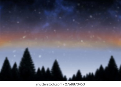 Coniferous forest silhouette spanning width under gradient night sky revealing stars and Milky Way. Starry, night, landscape, celestial, wilderness, tranquility, panoramic