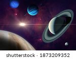 Conjunction of Jupiter and Saturn. Planet of solar system: Jupiter, Saturn Neptune, Uranus and Pluto. Gas giants planets. Elements of this image furnished by NASA. 