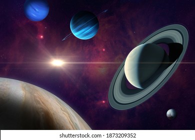 Conjunction of Jupiter and Saturn. Planet of solar system: Jupiter, Saturn Neptune, Uranus and Pluto. Gas giants planets. Elements of this image furnished by NASA. 