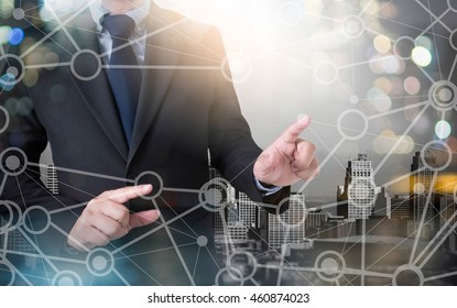 CONNECT  (Connected Communication Connection Media) and businessman working with modern technology - Shutterstock ID 460874023