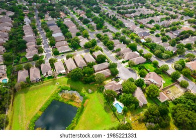 Connected Above Home Aerial Drone Views Above Suburbia Neighborhood Outside Of Round Rock , Texas , USA Luxury Houses And Suburban Homes In North Austin Suburb