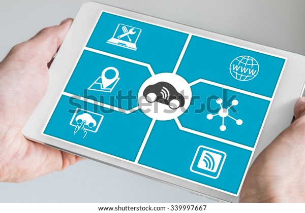 Connected car and digital mobility concept. Hand holding\
modern tablet. 
