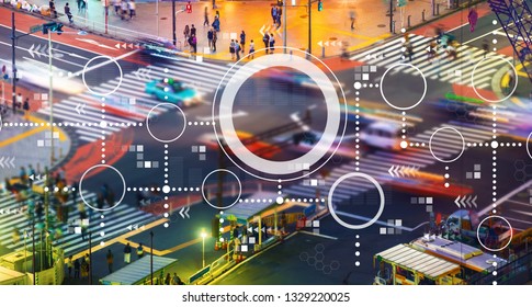 Connected Circles Chart With Busy City Traffic Intersection