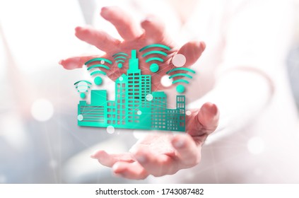 Connected city concept between hands of a woman in background