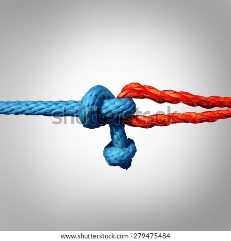 Connected concept as two different ropes tied and linked together as an unbreakable chain as a trust and faith metaphor for dependence and reliance on a trusted partner for support and strength.