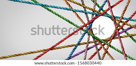 Connected diversity and circle shaped group of ropes creating a centralized circular shape in a horizontal composition as a connect concept for business or social media.