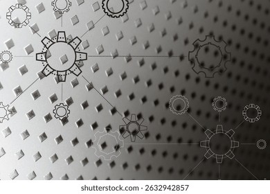 Connected to Each Other Gear Wheels over Shiny Squares On A Metallic Surface