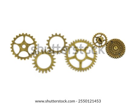 Connected gear and cogs wheels isolated on white background. Partnership, cooperation, teamwork, community, creativity concept.