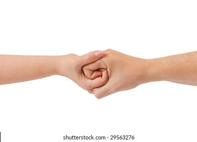 Connected hands isolated on white background
