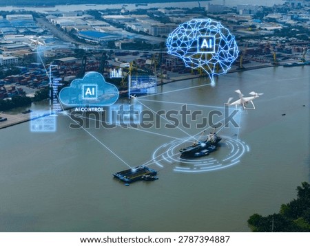 Connected maritime ai network with drones and vessels showing cloud control and neural visualization for port monitoring and logistics.