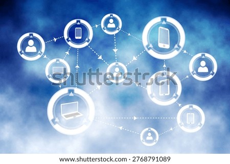 Connected nodes are forming in flat design on blue misty backdrop, devices, avatars, dotted arrows. Cloud, network, connectivity, dataflow, abstract, gradient, digital
