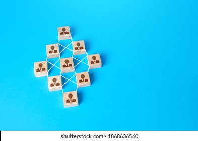 Connected people blocks on blue background. Concept of order, orderliness and uniform structure. Team building. Employee network. Human resource management, hiring and staffing. management strategies - Shutterstock ID 1868636560