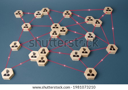 Connected people. Interactions between employees and working groups. Networking communication. Decentralized hierarchical system of company. Partnerships, business connections. Organization concept