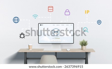 Connected VPN dashboard with visual lines linking to key icons symbolizing encryption, global access, and secure browsing