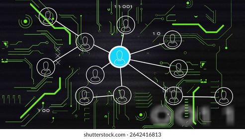Connecting central blue user icon to white user icons on network diagram with green circuit traces. Technology, cybersecurity, data, connectivity, network, digital, futuristic
