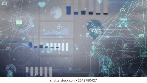 Connecting glowing nodes and icons on grid backdrop, with music, camera and smartphone symbols. Futuristic, digital, network, visualization, technology, interface, analytics