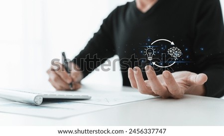 Connection of digital data and information network transformation to business solution idea. Marketing management strategy planning. Knowledge learning process for education success.