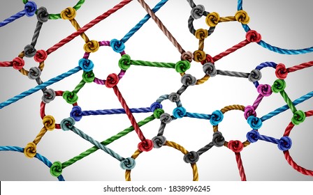 Connection network concept and connected diversity as circle shaped group of ropes creating a connected networking horizontal composition as a connect concept for business or social media.