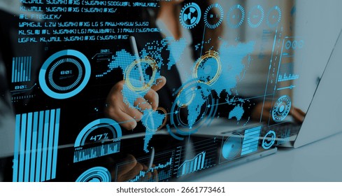 Connection network visualization showing global connection, network communication, digital connection analytic. Connect networks tool support real-time insight and improve connection system. Thunk