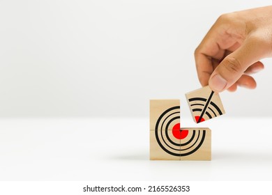 Connection Partner To Goal Concep. Hand Holding Wooden Cube Block Connect Goal Icon White Background. Partner Business Growth Success. Vision Teamwork Corporate Leading To Progress. Copy Space.