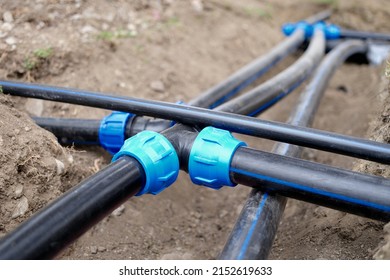 Connection Of Plastic Sewer Pipes. Sewer System Of A Residential Building Under Construction