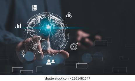 Connection to the world network.  Big data analytics and business intelligence. Global business point and line composition concept on a world map. The Metaverse technology of digital links.