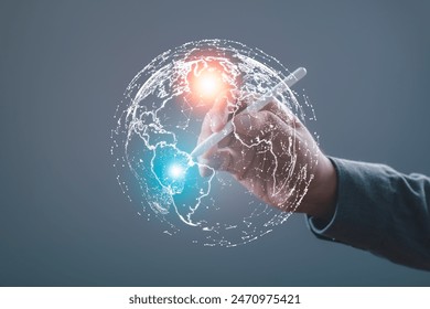 Connection to the world network. Big data analytics and business intelligence. Global business point and line composition concept on a world map. The Metaverse technology of digital links.	
