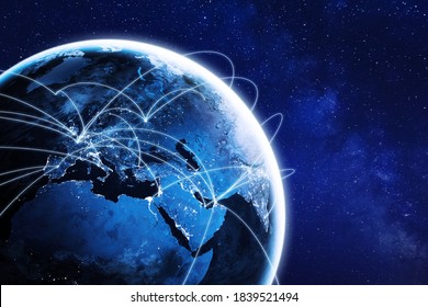 Connections Around Planet Earth Viewed From Space At Night, Cities Connected Around The Globe By Shiny Lines, International Travel Or Global Business Finance, World Connectivity, Elements From NASA