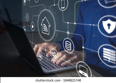 Connections And Smart Home Technology With Devices And Computers Connected On Internet And Local Network, Person Configuring Data Communication And Digital Information Security On Laptop