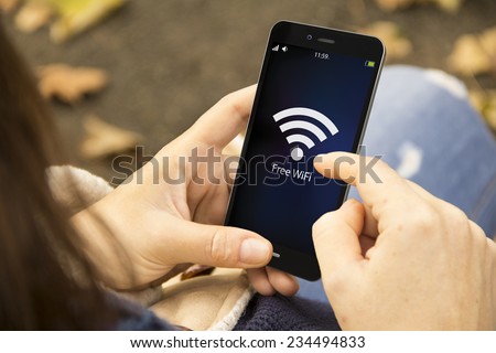 connectivity concept: Free wifi area sign on phone screen