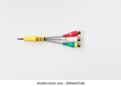 connector input connectors to back of speaker video and stereo sound.. Three color Audio video cable RCA to 3.5mm jack isolated on white background. 