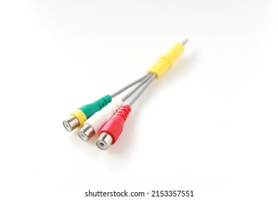 connector input jack to back of speaker video and stereo sound.. Three color Audio video cable RCA to 3.5mm jack isolated on white background. 