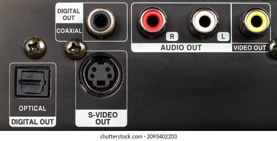 Connectors for audio and video signal transmission. Electronic device close-up.