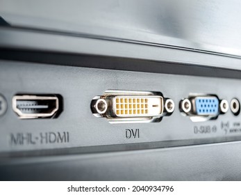 Connectors, interfaces for connecting the display to a computer, laptop, hdmi, dvi, vga, selective focus, close-up