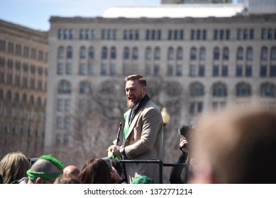 Conor McGregor on a parade float in the Chicago St. Patrick's Day parade, Chicago, IL March 16, 2019