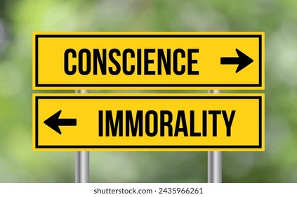 Conscience vs immorality road sign on blur background
