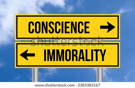 Conscience vs immorality road sign on cloudy sky background