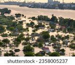 Consequences of the explosion of the Kakhovka Hydroelectric Power Plant. Flooded villages and houses, top aerial view. Exclusive drone footage. Kherson region Ukraine. Russo-Ukrainian War