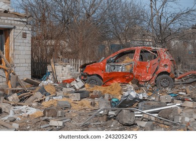 Consequences of a rocket explosion in a private house. War in Ukraine. Remains of private houses in the city of Dnepr. Consequences of the shelling