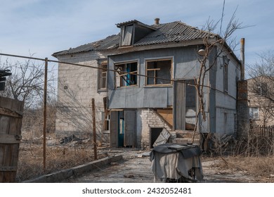 Consequences of a rocket explosion in a private house. War in Ukraine. Remains of private houses in the city of Dnepr. Consequences of the shelling
