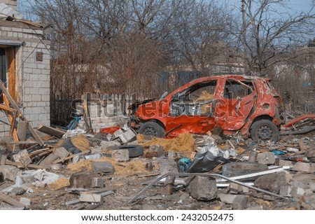 Consequences of a rocket explosion in a private house. War in Ukraine. Remains of private houses in the city of Dnepr. Consequences of the shelling