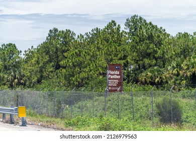 Conservation, USA - August 5, 2021: Sign For Florida Panther National Wildlife Refuge In Everglades National Park On I75 Highway In Summer