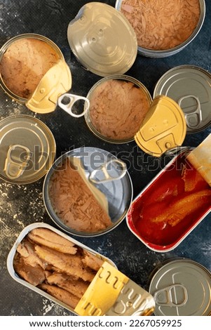 Conserves of canned fish with different types of fish and seafood, opened and closed cans with Saury, mackerel, sprats, sardines, pilchard, squid, tuna, over grey stone surface