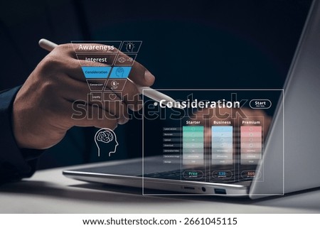 Consideration Phase in Customer Funnel Decision Process, Customer comparing pricing plans, Represents the consideration stage in funnel marketing concept, customers evaluate options before purchase
