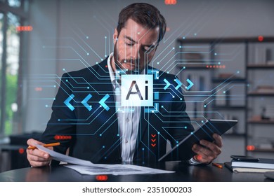 Considered businessman in formal wear signing contract holding tablet device at office room with papers. Concept of successful business deal, agreement, partnership, documents. Technology ai icons.